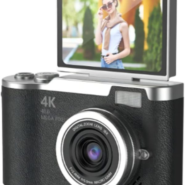 Câmera Digital 4K Ultra HD 48MP com Tela LCD Giratória 180°, Zoom Digital 8X, Flash LED, Bateria Recarregável – Ideal para Vlog, Selfie, Viagem e Iniciantes
