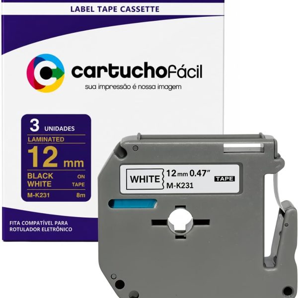 3 Fitas para Rotuladora M-K231 12mm Branco térmica Adesiva Etiqueta Compatível com Brother PT-65, PT-85, PT-90, PT-70, PT-100, PT-110, PT-70BM, PT-80