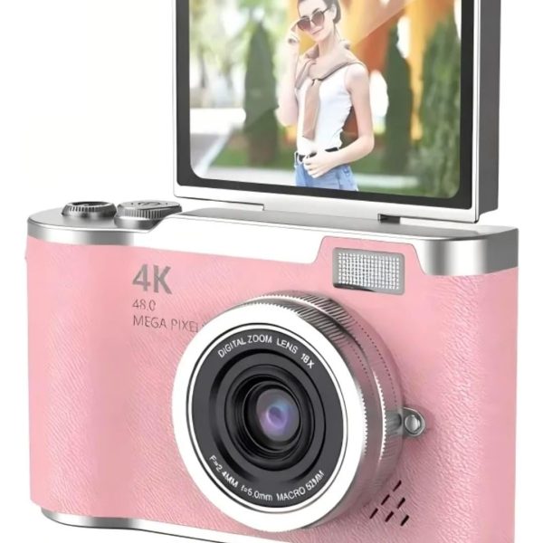 Câmera Digital 4K Ultra HD 48MP com Tela LCD Giratória 180°, Zoom Digital 8X, Flash LED, Bateria Recarregável – Ideal para Vlog, Selfie, Viagem e Iniciantes (Rosa)