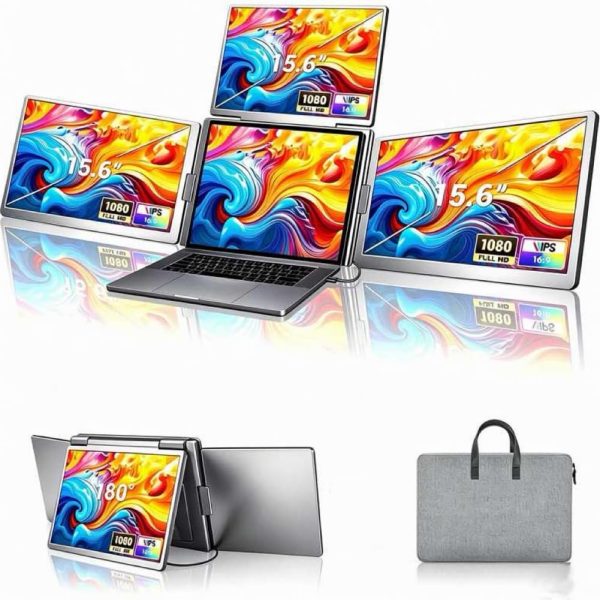 Expansor Triplo p/Notebook 12-18.5", 3 Telas IPS 15.6" Full HD, USB-C Vídeo+Energia, Plug-and-Play, 4 Telas com Design Dobrável, Ideal para Programadores e Home Office