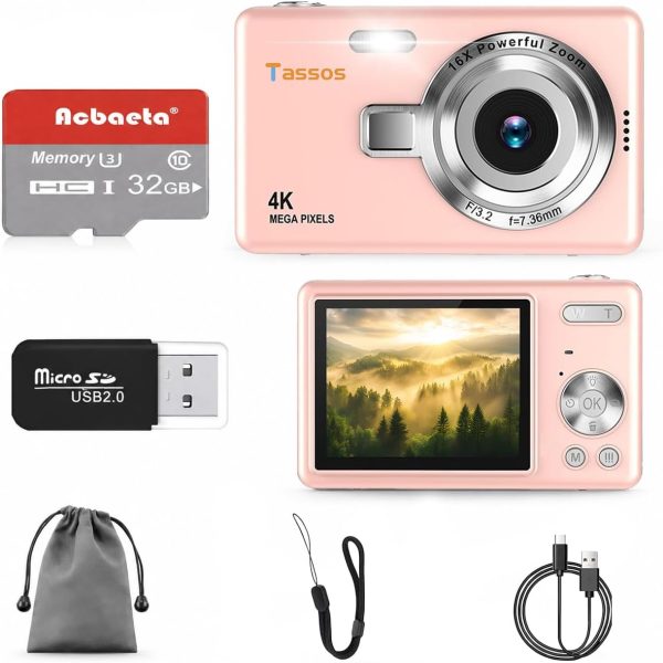Câmera digital 1080P FHD 4k com tela LCD de 2,4", compacta e portátil para vlogs e fotos, com cartão SD de 32GB e zoom digital de 16x para adolescentes, estudantes e iniciantes. (Rosa)