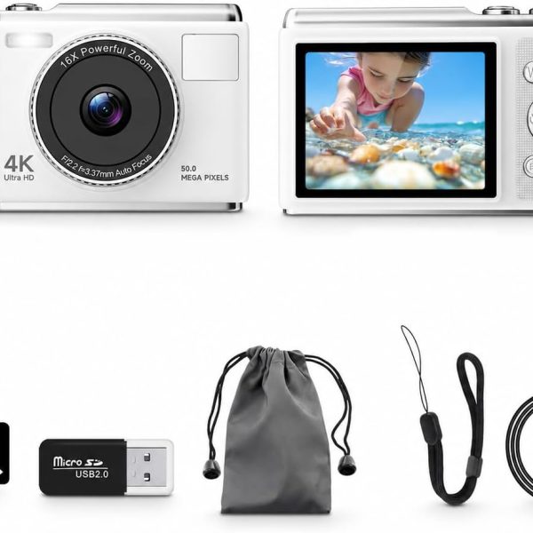 Câmera Digital 4K para Fotografia, 4K Ultra HD Câmeras Digitais Compactas, Zoom Digital 16X, Flash, Câmera Vlogging de 50 MP, para Iniciantes, Jovens e Viagens