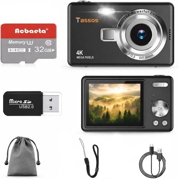 Câmera digital 1080P FHD 4k com tela LCD de 2,4", compacta e portátil para vlogs e fotos, com cartão SD de 32GB e zoom digital de 16x para adolescentes, estudantes e iniciantes. (Preto)