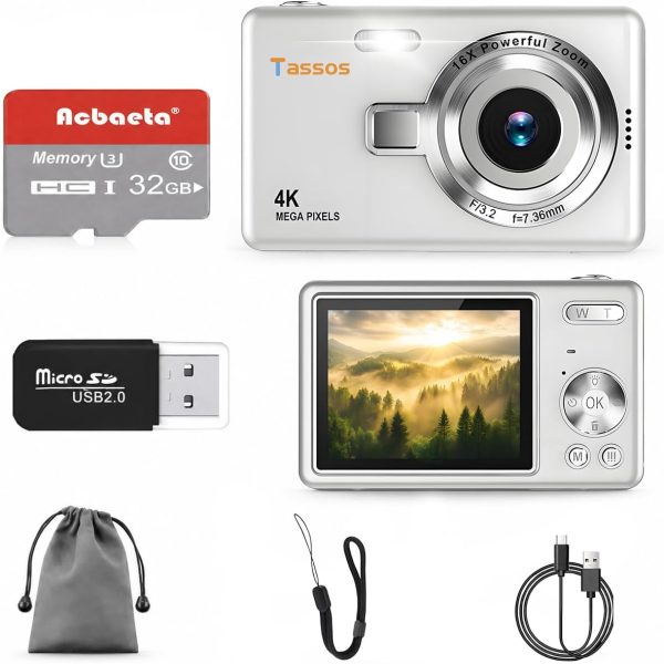 Câmera digital 1080P FHD 4k com tela LCD de 2,4", compacta e portátil para vlogs e fotos, com cartão SD de 32GB e zoom digital de 16x para adolescentes, estudantes e iniciantes. (Branco)