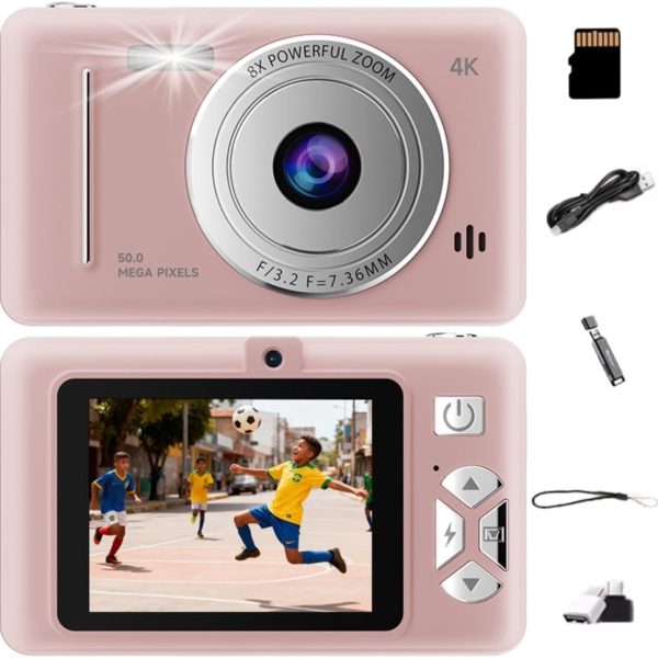 Câmera Digital 1080P FHD 44MP com Zoom Digital de 16x, Estabilizador de Imagem e Função para Jogos,Cartão de 32GB Incluso, Ideal para Adolescentes, Idosos e Iniciantes (Rosa)