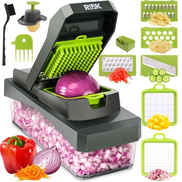 RüK Vegetable Chopper, Cheese Slicer, Food Chopper, Veggie Chopper, Onion Chopper, Salad Chopper, Mandoline Slicer & Cheese Grater, Vegetable Chopper with Container, (10 in 1 - Gray)