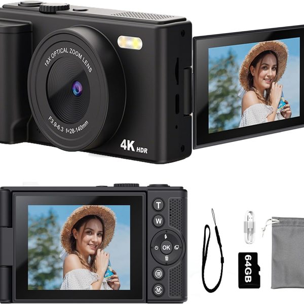 Câmera Digital 4K, Foco Automático, Fotográfica Vlog para YouTube, Cartão SD de 64G, tela LCD de 2.8", tela giratória de 180 graus, zoom digital de 16x, Câmeras Compactas para Viagens/Adolescentes