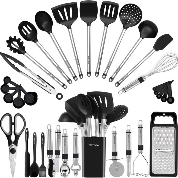 Conjunto de utensílios de cozinha - utensílios de cozinha de silicone - 33 utensílios de cozinha e colheres para panelas antiaderentes - conjunto de espátulas de silicone e aço inoxidável - melhores