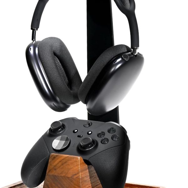 UPERGO Headset Stand with Gaming Controller Holder, Walnut Wood Headphone Stand with Storage Base, Gaming Equipment Accessories for Desk