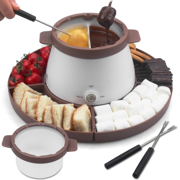 Party Desserts Conjunto de panela elétrica de fondue com 2 panelas, aquecedor de chocolate derretido para mergulhar, pote de derretimento de doces e chocolate, conjunto elétrico de fondue, garfos de