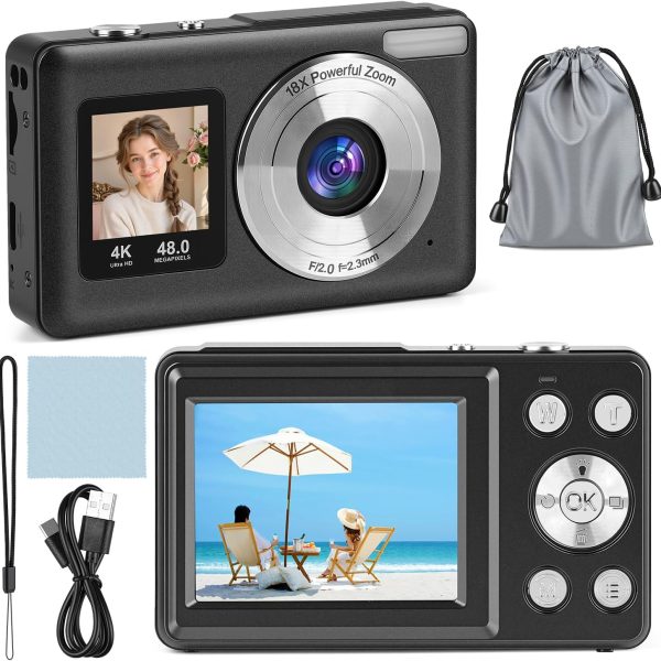 Câmera Digital Portátil 4K com Zoom de 18X, Câmera Vlogging de 48 MP, Câmeras Compactas de Ponto de Viagem, Maquina Fotografica, Tela LCD de 2,5 Polegadas
