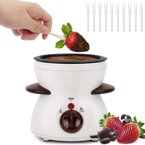 Panela de fondue de chocolate, mini panela elétrica de derretimento de chocolate, conjunto de fondue de aquecimento com 10 garfos e panela removível para festa, branca