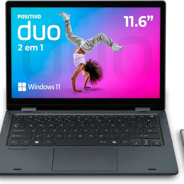 Notebook 2 em 1 Positivo Duo Intel Celeron N4500 4GB RAM 128GB de Armazenamento Tela 11" HD IPS touch com caneta capacitiva, Windows 11 Home – Cinza – C4128E