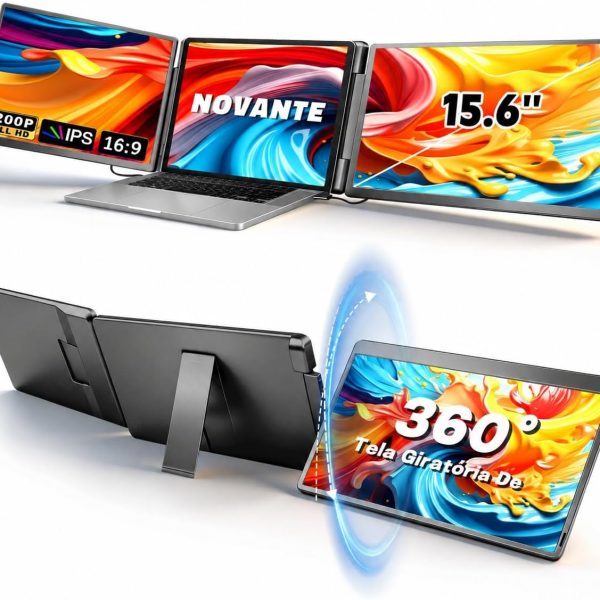 Monitor Duplo Portátil para Notebook 15.6" - Expansor de Telas Triplo com Design 360°, Tela IPS FHD 1080p 60Hz, Baixa Luz Azul, Compatível com Windows/Mac/Switch (Cabos Inclusos)