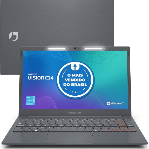 Notebook Positivo Vision C14 Celeron 4GB RAM 128GB eMMC, Windows 11 Home, Tela 14.1" HD Antirreflexo, Lumina Bar com 3 Níveis de Intensidade, Fanless Silencioso, Tecla Link – Cinza