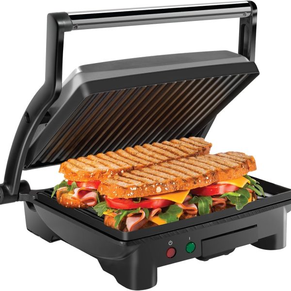 Chefman Panini Press Grill e Sanduíche Gourmet Placas Revestidas Antiaderentes, Aberto 180 Graus, Aço Inoxidável e Bandeja de Gotejamento Removível, 4 Fatias
