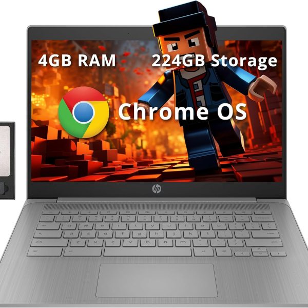 HP Laptop Chromebook HD de 14 polegadas para negócios e estudantes, Intel Celeron N4120, 4 GB LPDDR4, 224 GB de armazenamento (64 GB eMMC + estação de ancoragem de 160 GB), gráficos UHD, webcam,