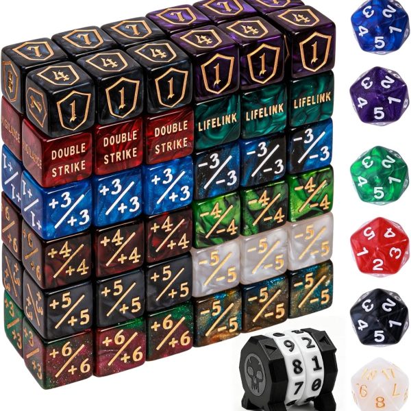 80 Pcs MTG Dice Set in 12 Colors with Plus 1 Life Counter Dices, Buff Ability Keyword Tokens, Shield and Spindown Dice, Life Counter Wheel Bag For MTG, TCG, Cards Gaming Accessories (Black and Purple)