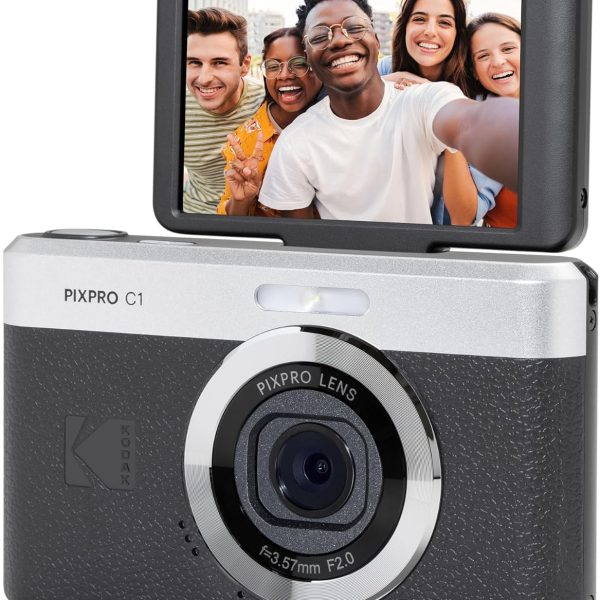 KODAK Câmera digital com zoom PIXPRO C1 Black – 13 MP compacta aponte e fotografe com tela flip LCD de inclinação de 2,8 polegadas 180°, design retrô vintage com zoom 4X e vídeo Full HD 1080p